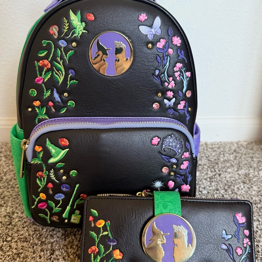 Wicked Glinda & Elphaba Floral & Lace Mini Hardtag Backpack and wallet NWT